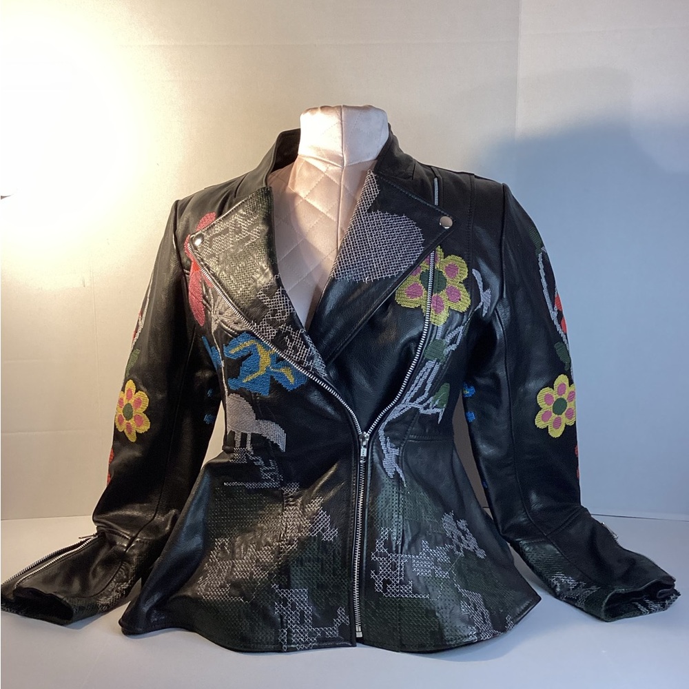 Black and Yellow Leather Moto Jacket with Floral Design